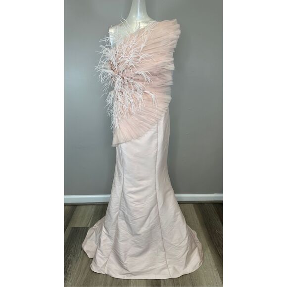 NWT Badgley Mischka Feather Fan Mermaid Gown in Blush Size 10 $990 - Picture 4 of 9